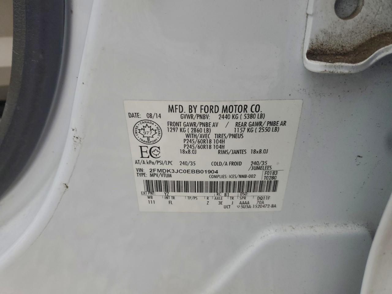 2014 Ford Edge Sel VIN: 2FMDK3JC0EBB01904 Lot: 92835605