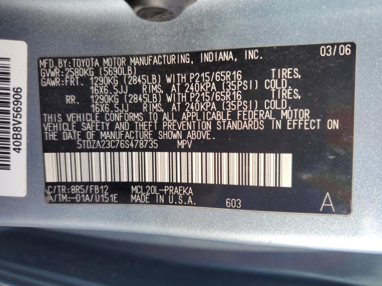 2006 Toyota Sienna Ce VIN: 5TDZA23C76S478735 Lot: 92945705