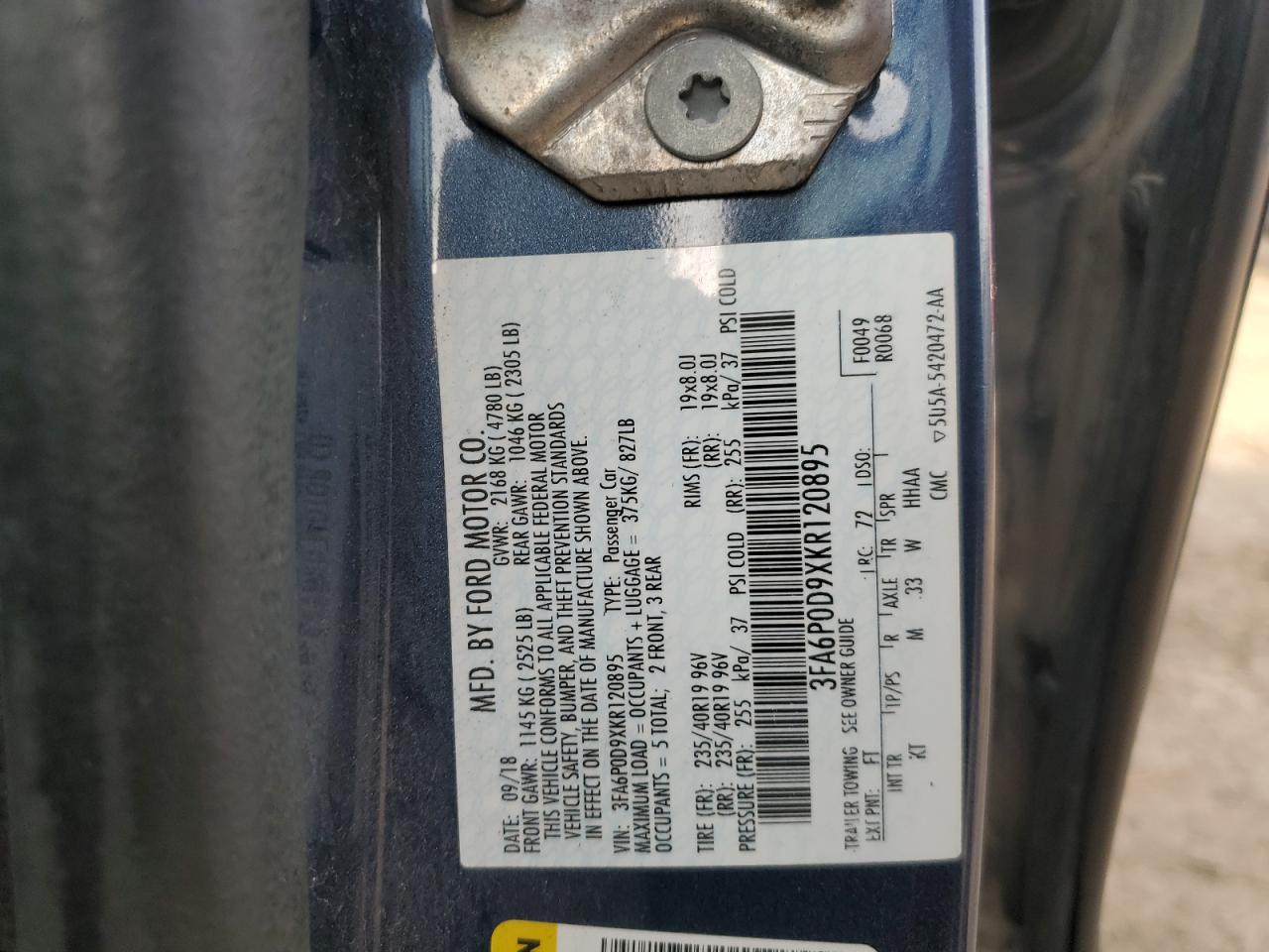 2019 Ford Fusion Titanium VIN: 3FA6P0D9XKR120895 Lot: 93858845