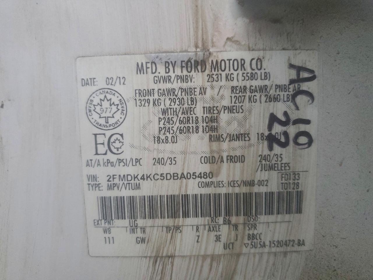 2013 Ford Edge Limited VIN: 2FMDK4KC5DBA05480 Lot: 94558715