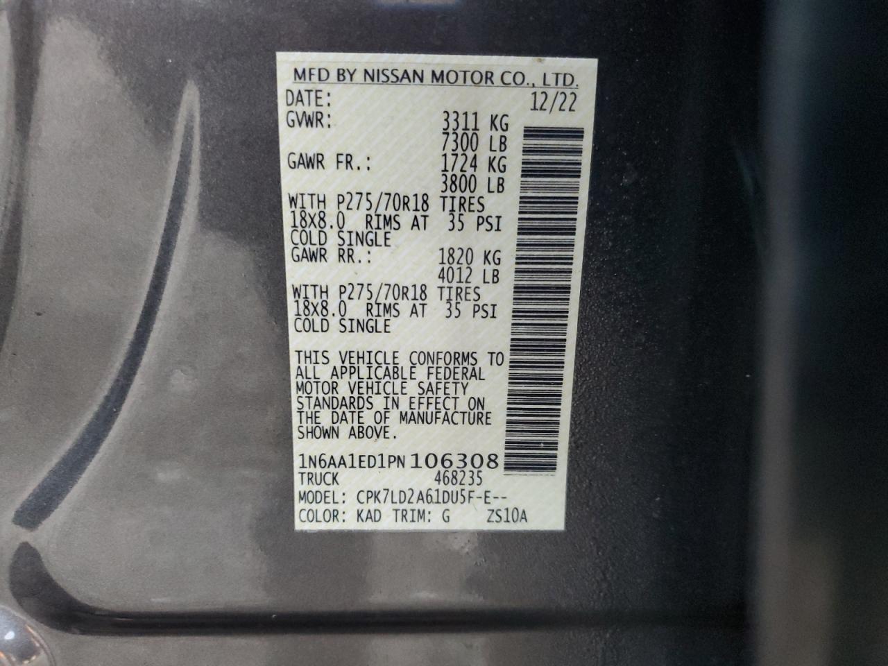 2023 Nissan Titan Sv VIN: 1N6AA1ED1PN106308 Lot: 90032175