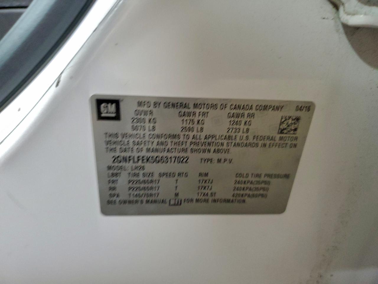 2016 Chevrolet Equinox Lt VIN: 2GNFLFEK5G6317022 Lot: 94693995