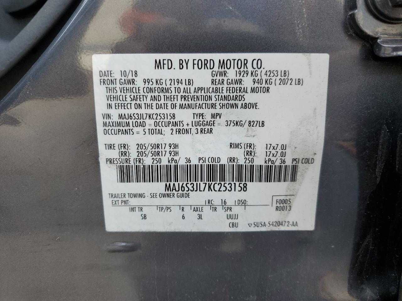 2019 Ford Ecosport Ses VIN: MAJ6S3JL7KC253158 Lot: 90808415