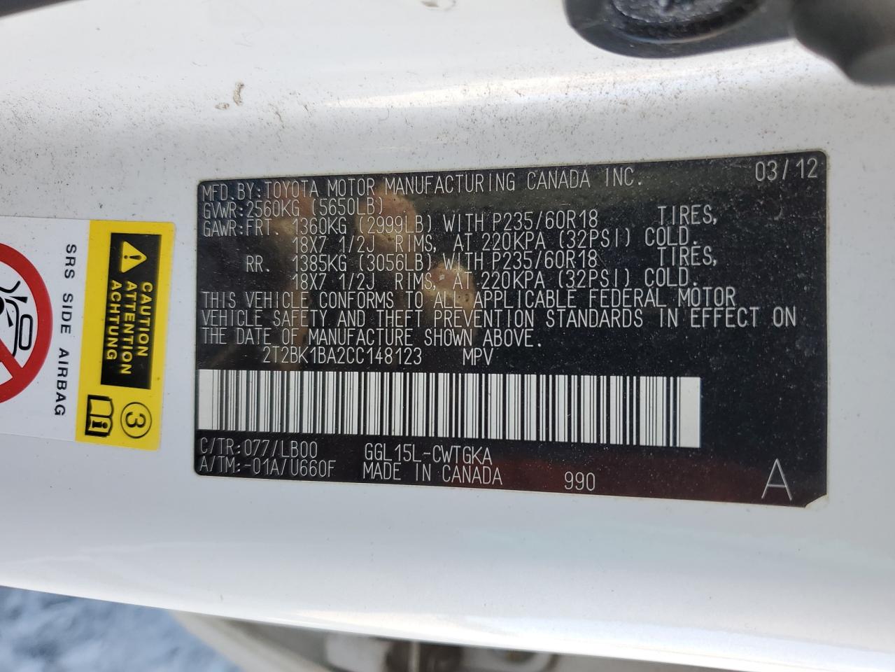 2012 Lexus Rx 350 VIN: 2T2BK1BA2CC148123 Lot: 90247135