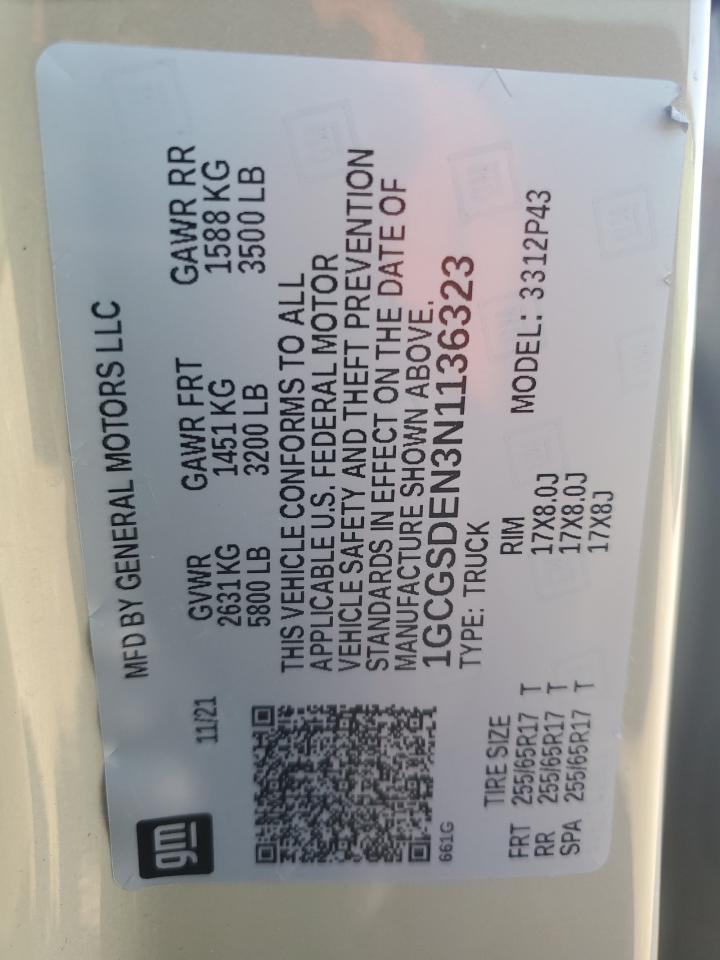 2022 Chevrolet Colorado Z71 VIN: 1GCGSDEN3N1136323 Lot: 92202635