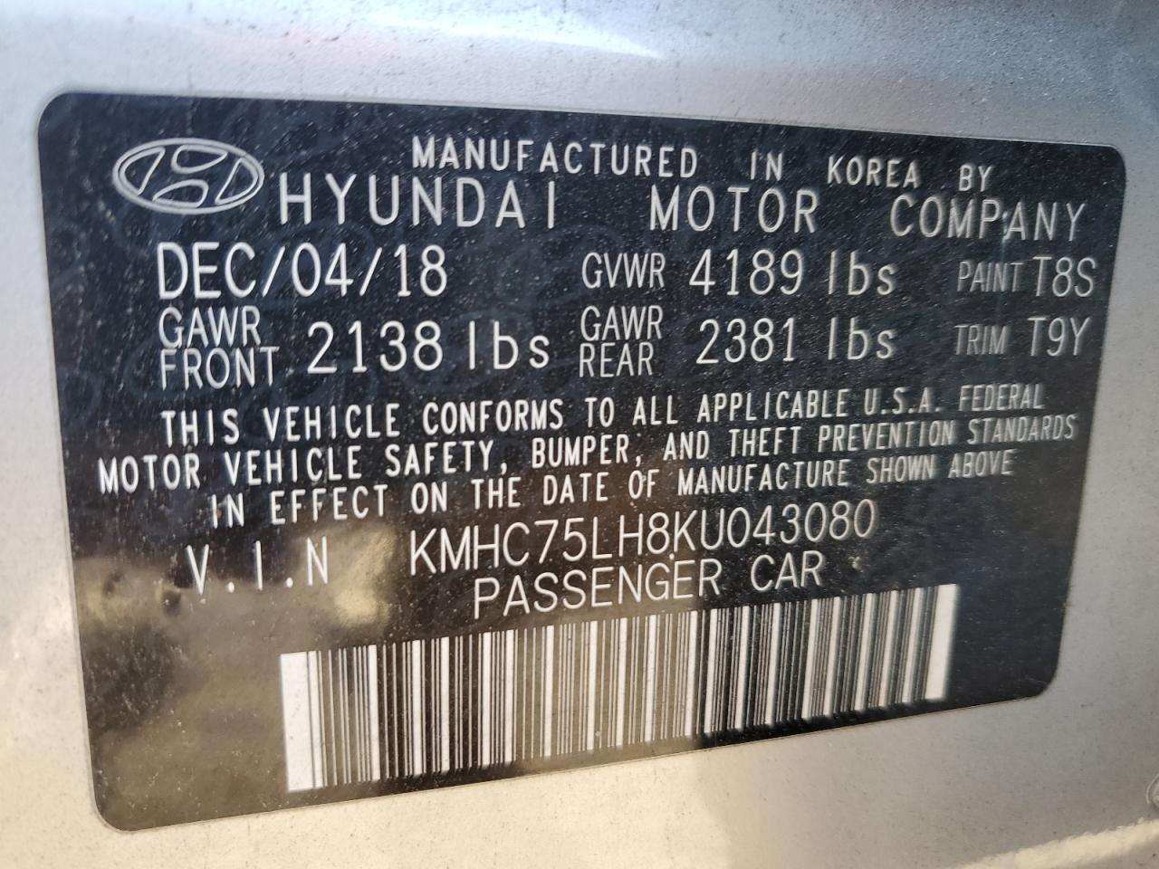 2019 Hyundai Ioniq VIN: KMHC75LH8KU043080 Lot: 91788305