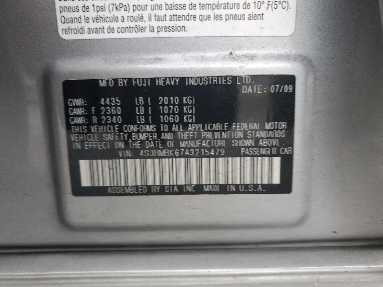 2010 Subaru Legacy 2.5I Limited VIN: 4S3BMBK67A3215479 Lot: 92218325