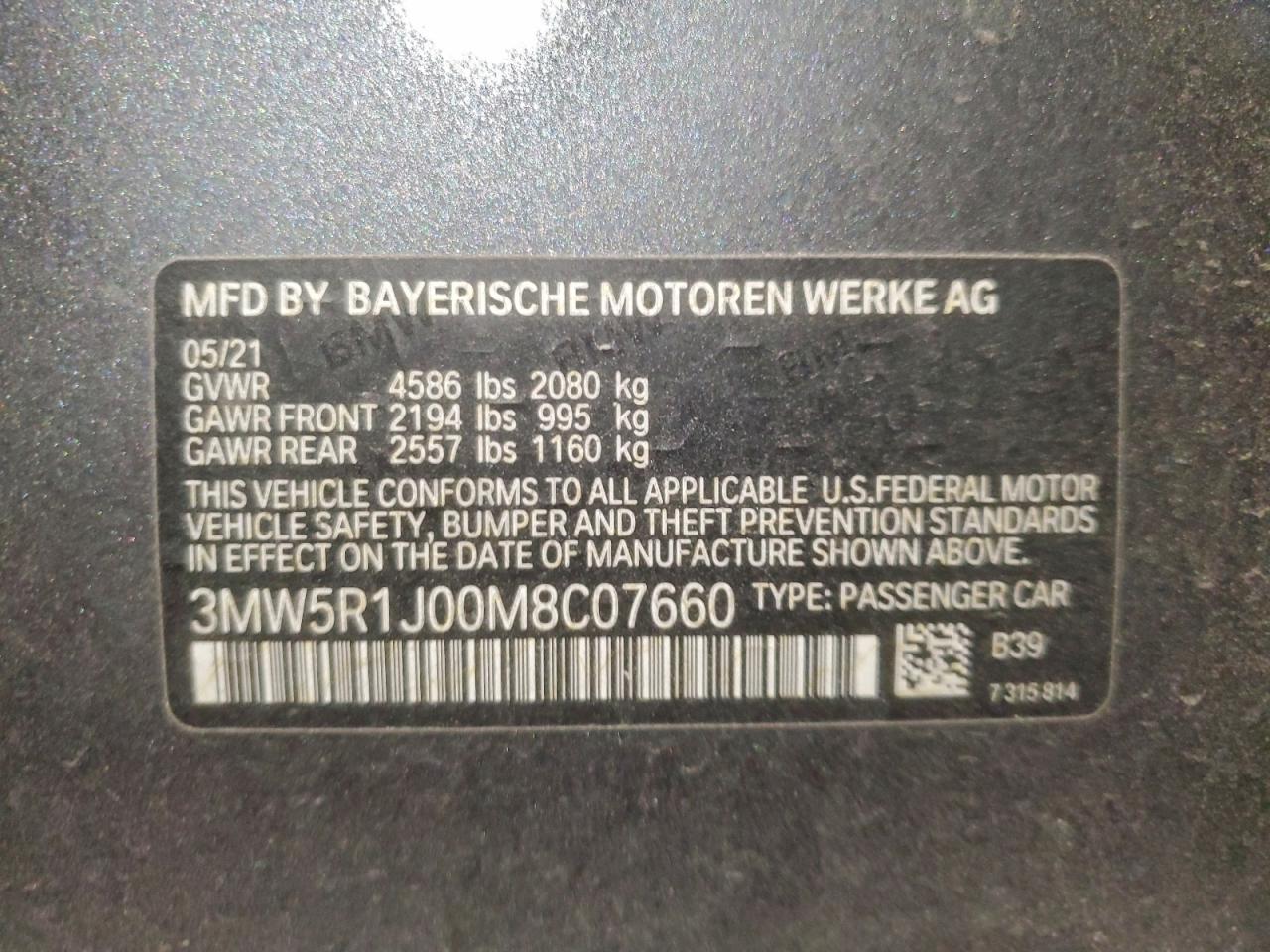 2021 BMW 330I VIN: 3MW5R1J00M8C07660 Lot: 92950405