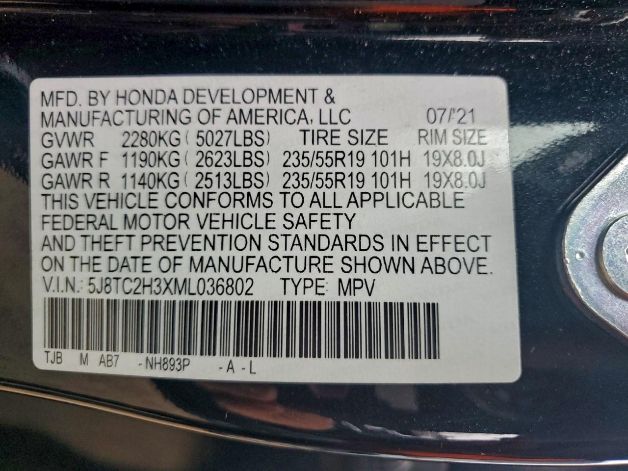 2021 Acura Rdx VIN: 5J8TC2H3XML036802 Lot: 93274845