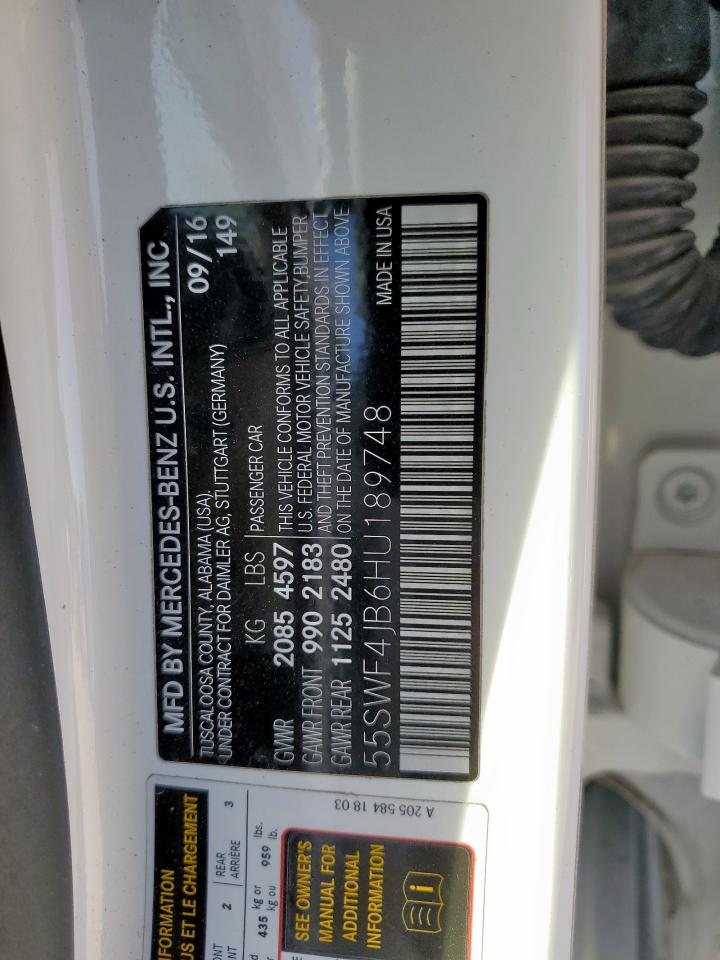 2017 Mercedes-Benz C 300 VIN: 55SWF4JB6HU189748 Lot: 92534695