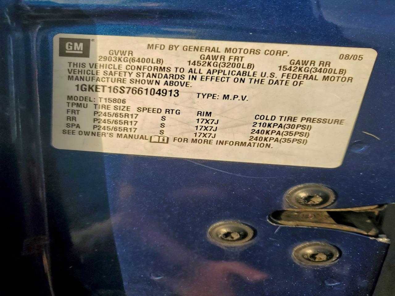 2006 GMC Envoy Xl VIN: 1GKET16S766104913 Lot: 94346295