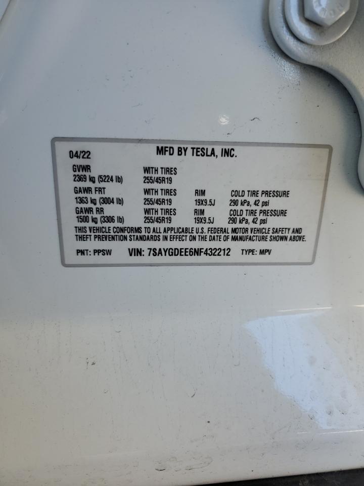2022 Tesla Model Y VIN: 7SAYGDEE6NF432212 Lot: 92067745