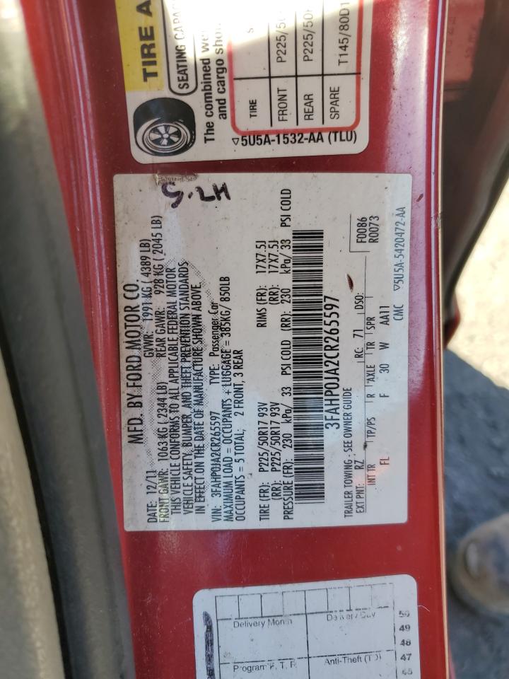 2012 Ford Fusion Sel VIN: 3FAHP0JA2CR265597 Lot: 92084955