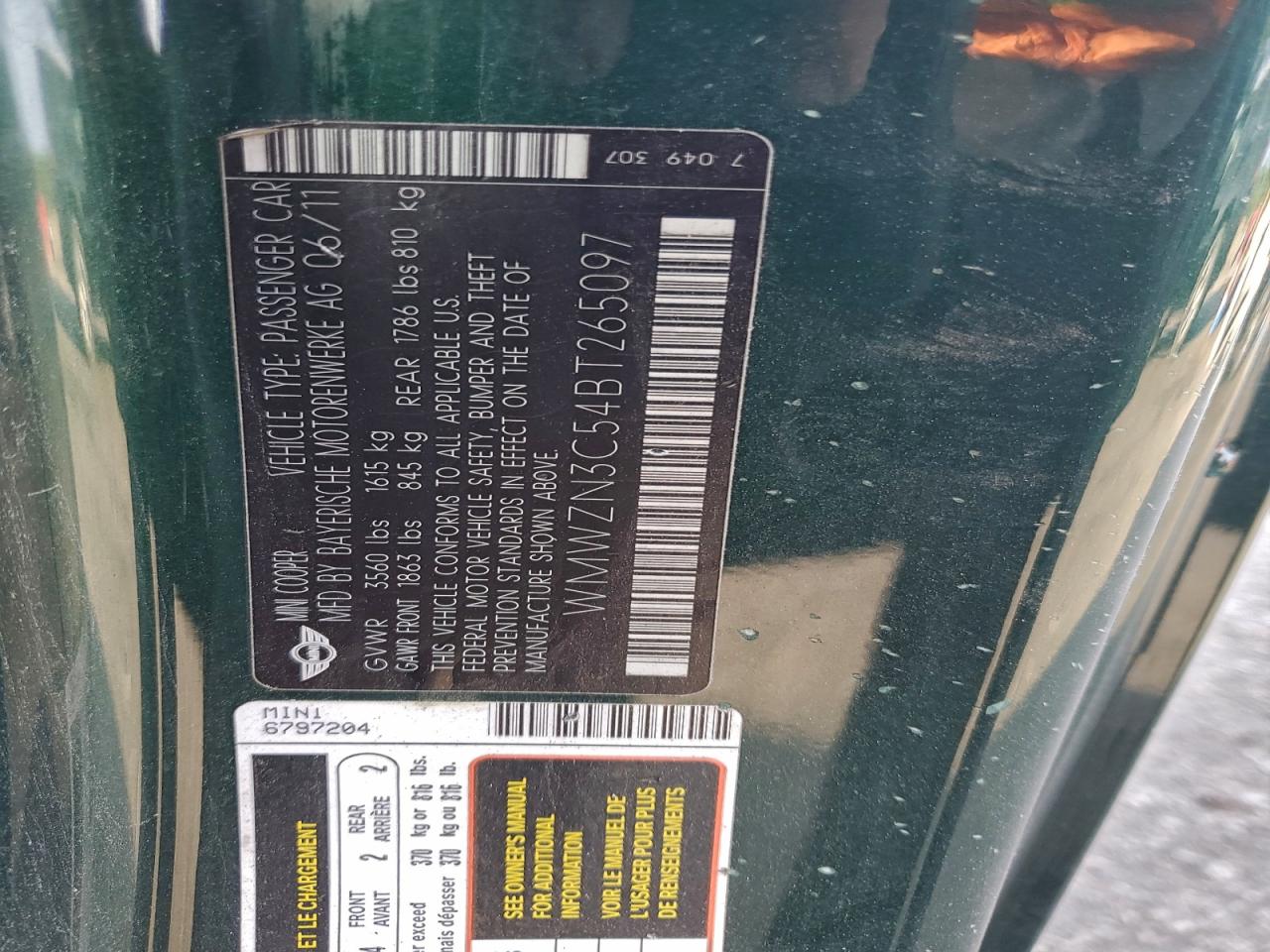 2011 Mini Cooper VIN: WMWZN3C54BT265097 Lot: 93833715