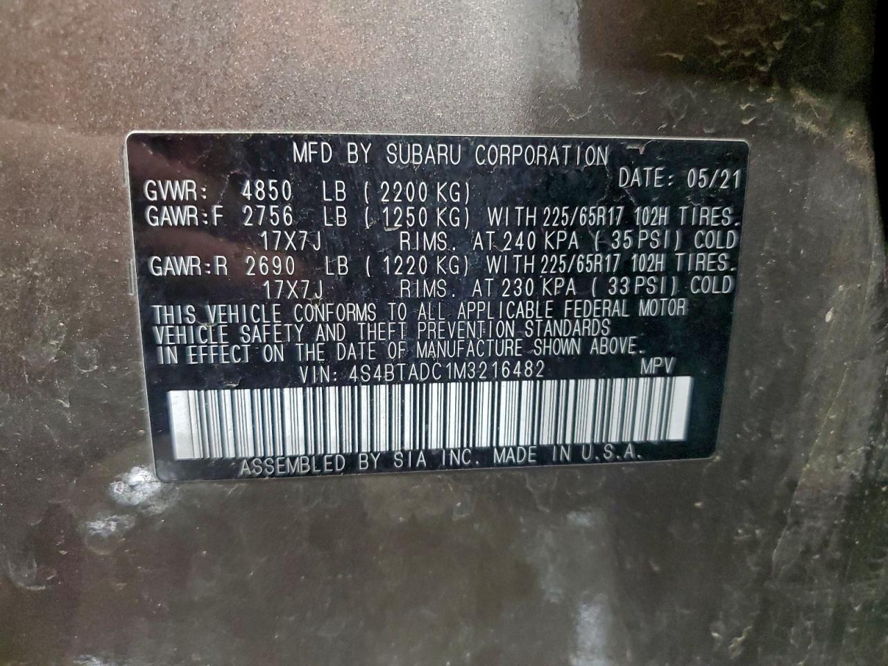 2021 Subaru Outback Premium VIN: 4S4BTADC1M3216482 Lot: 94559465