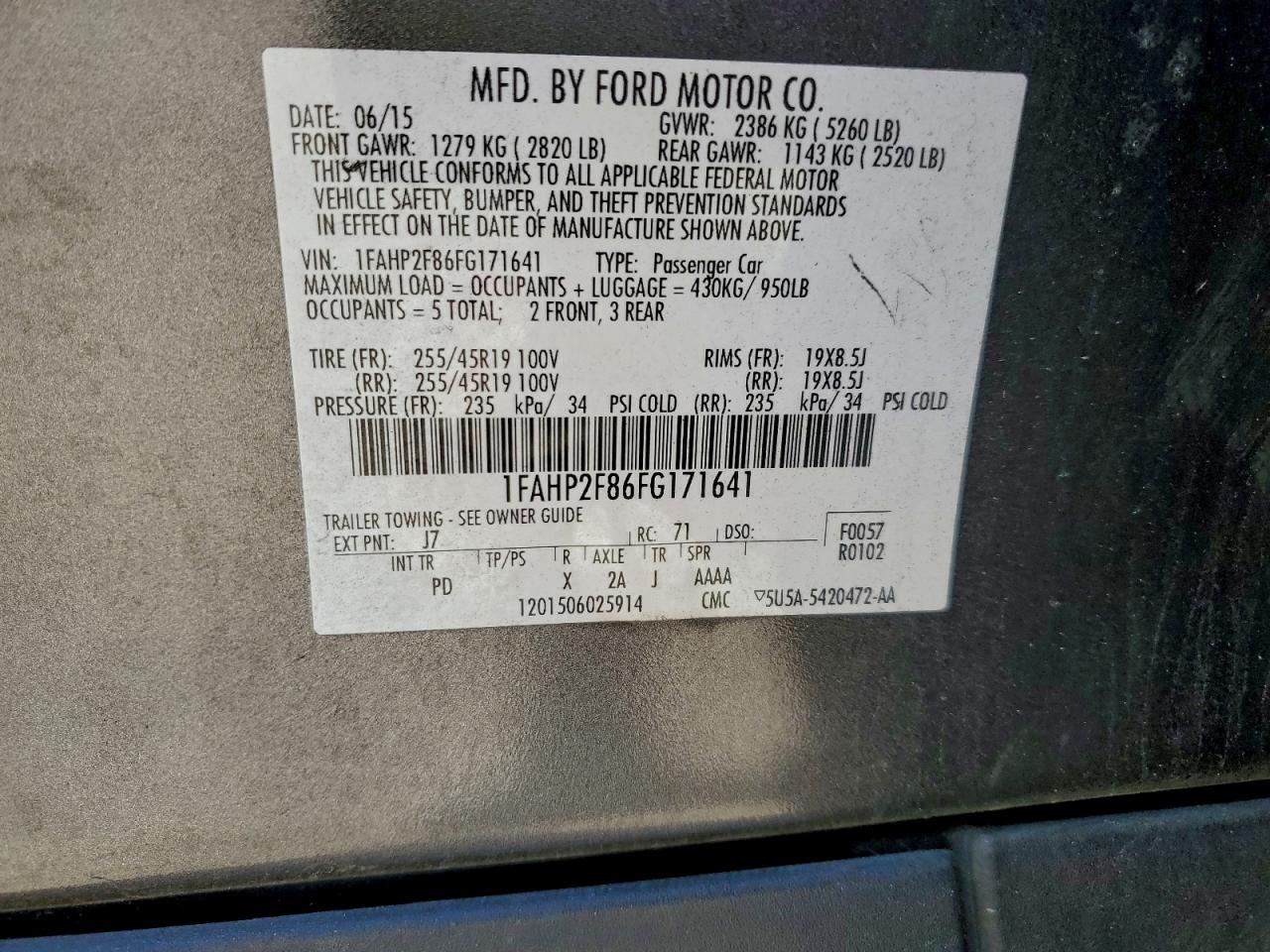 2015 Ford Taurus Limited VIN: 1FAHP2F86FG171641 Lot: 93412575