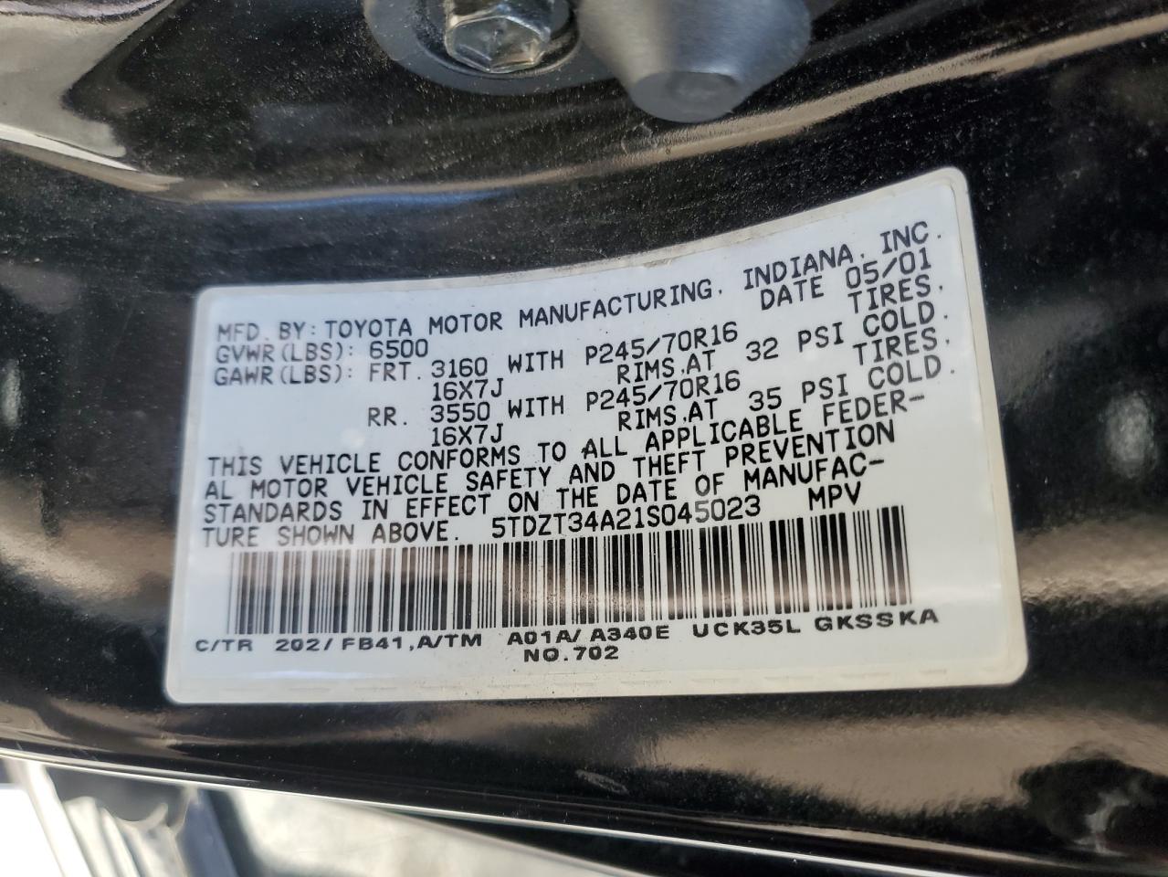 2001 Toyota Sequoia Sr5 VIN: 5TDZT34A21S045023 Lot: 93287785