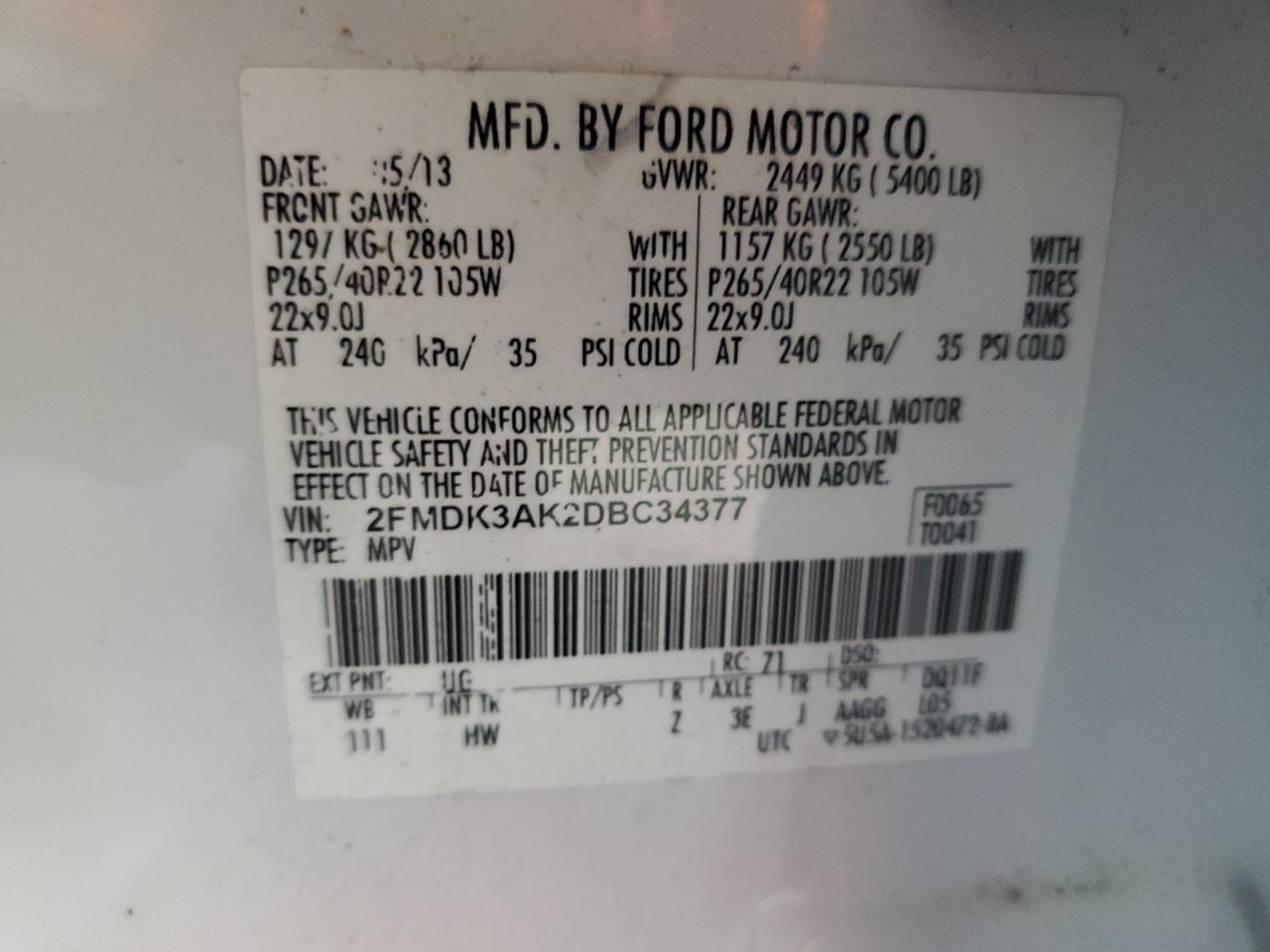 2013 Ford Edge Sport VIN: 2FMDK3AK2DBC34377 Lot: 92089105