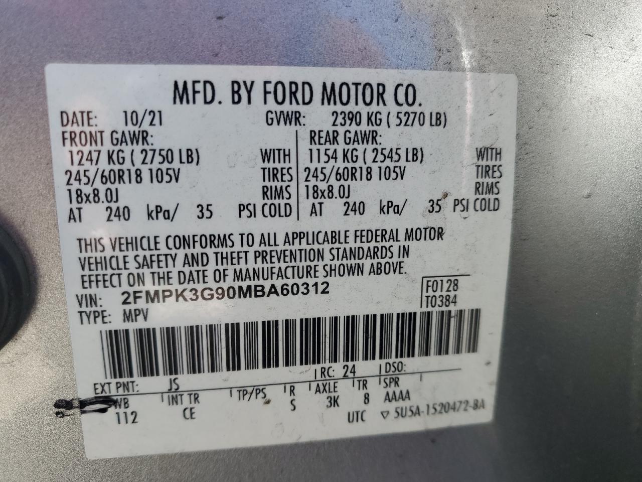 2021 Ford Edge Se VIN: 2FMPK3G90MBA60312 Lot: 92962645