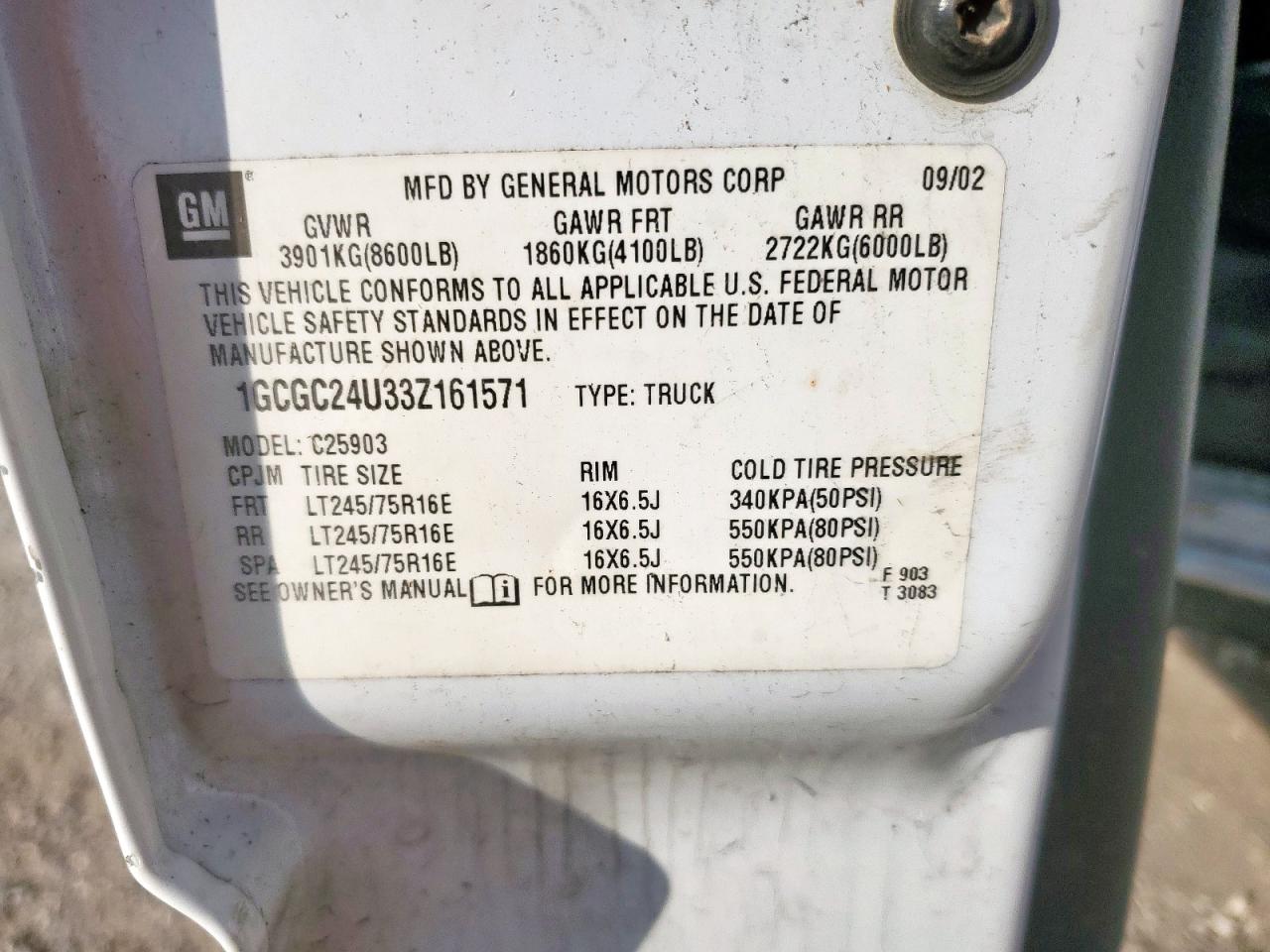 2003 Chevrolet Silverado C2500 VIN: 1GCGC24U33Z161571 Lot: 93343375