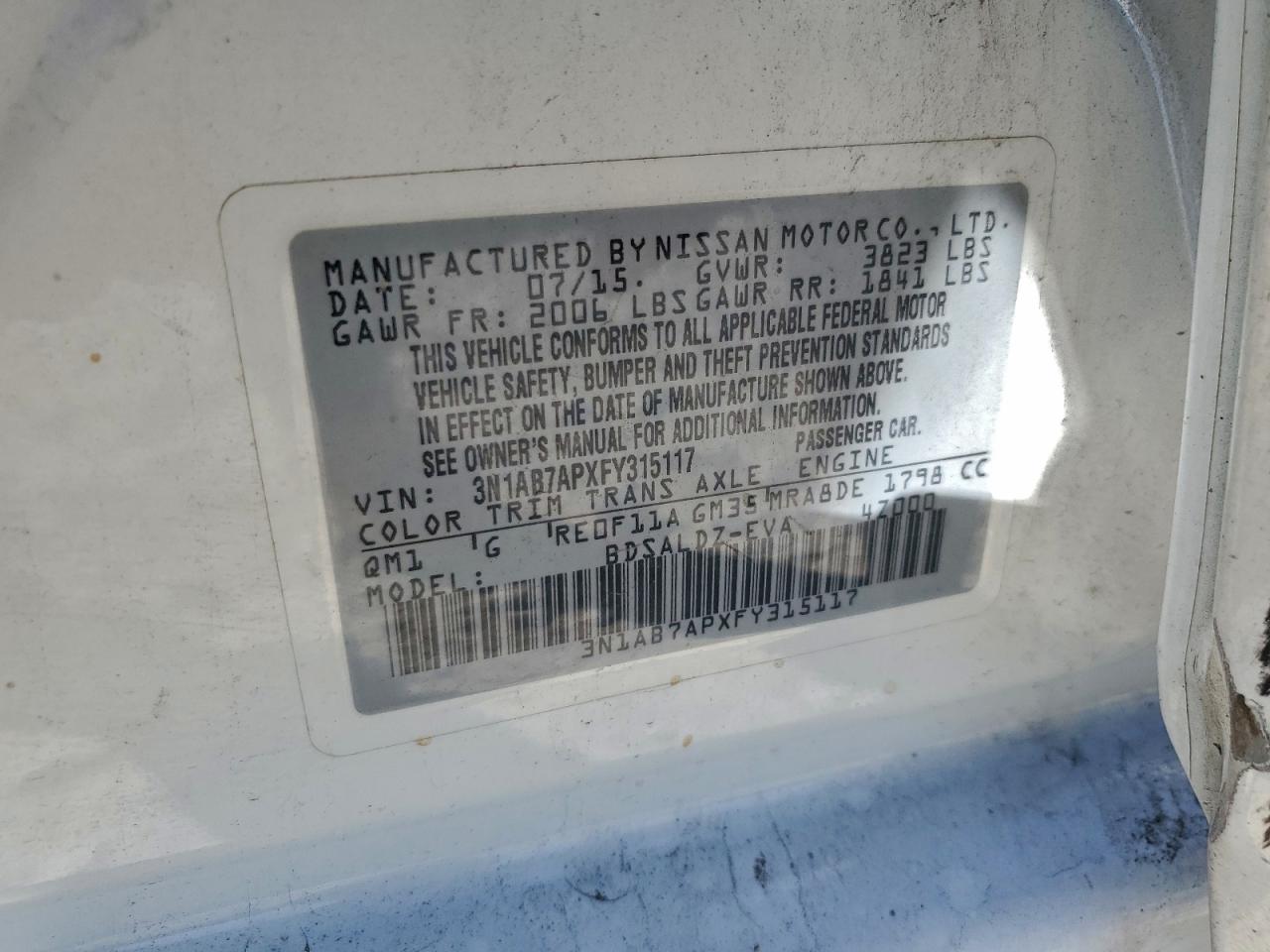 2015 Nissan Sentra S VIN: 3N1AB7APXFY315117 Lot: 94000335