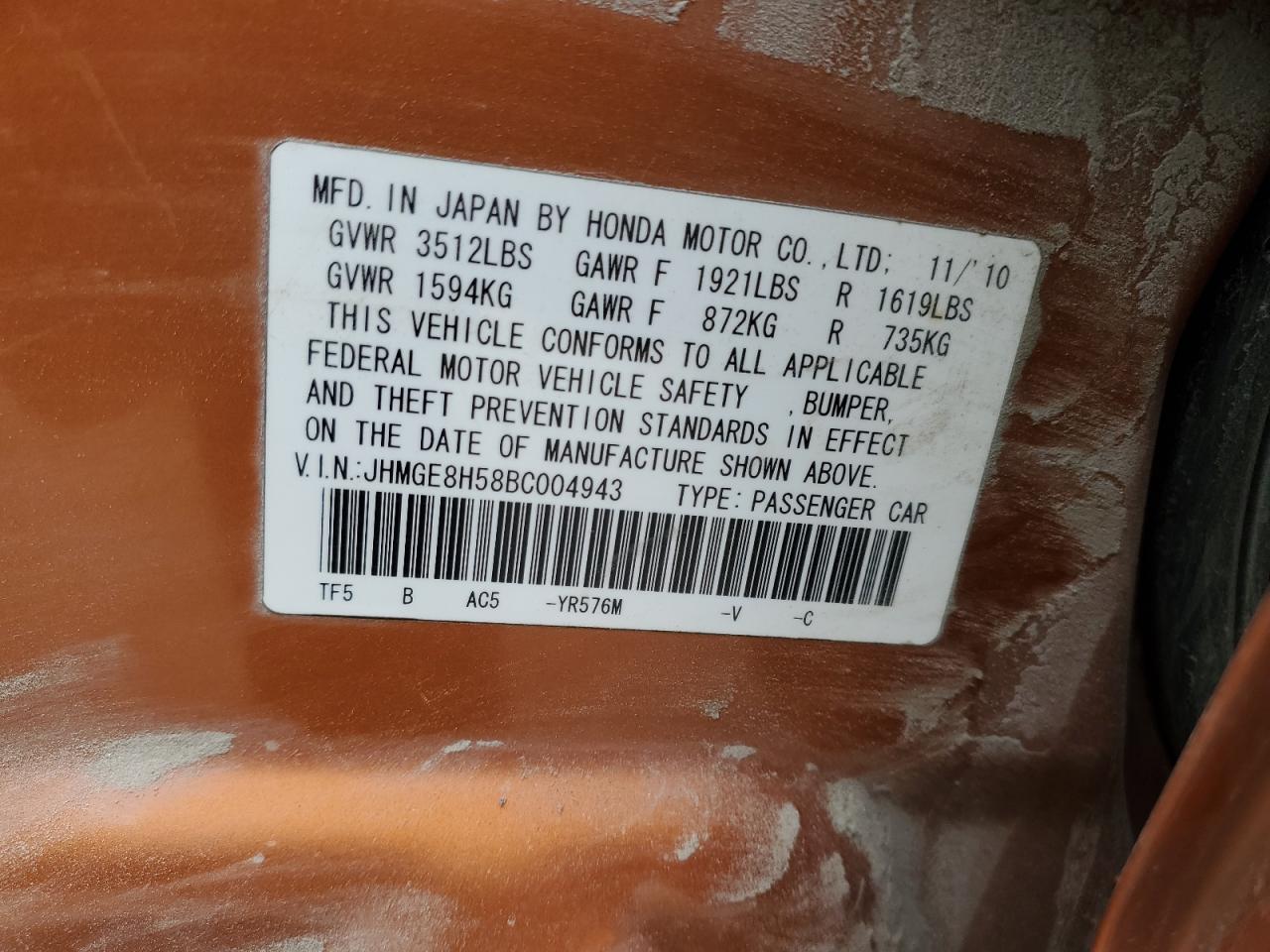 2011 Honda Fit Sport VIN: JHMGE8H58BC004943 Lot: 92355335