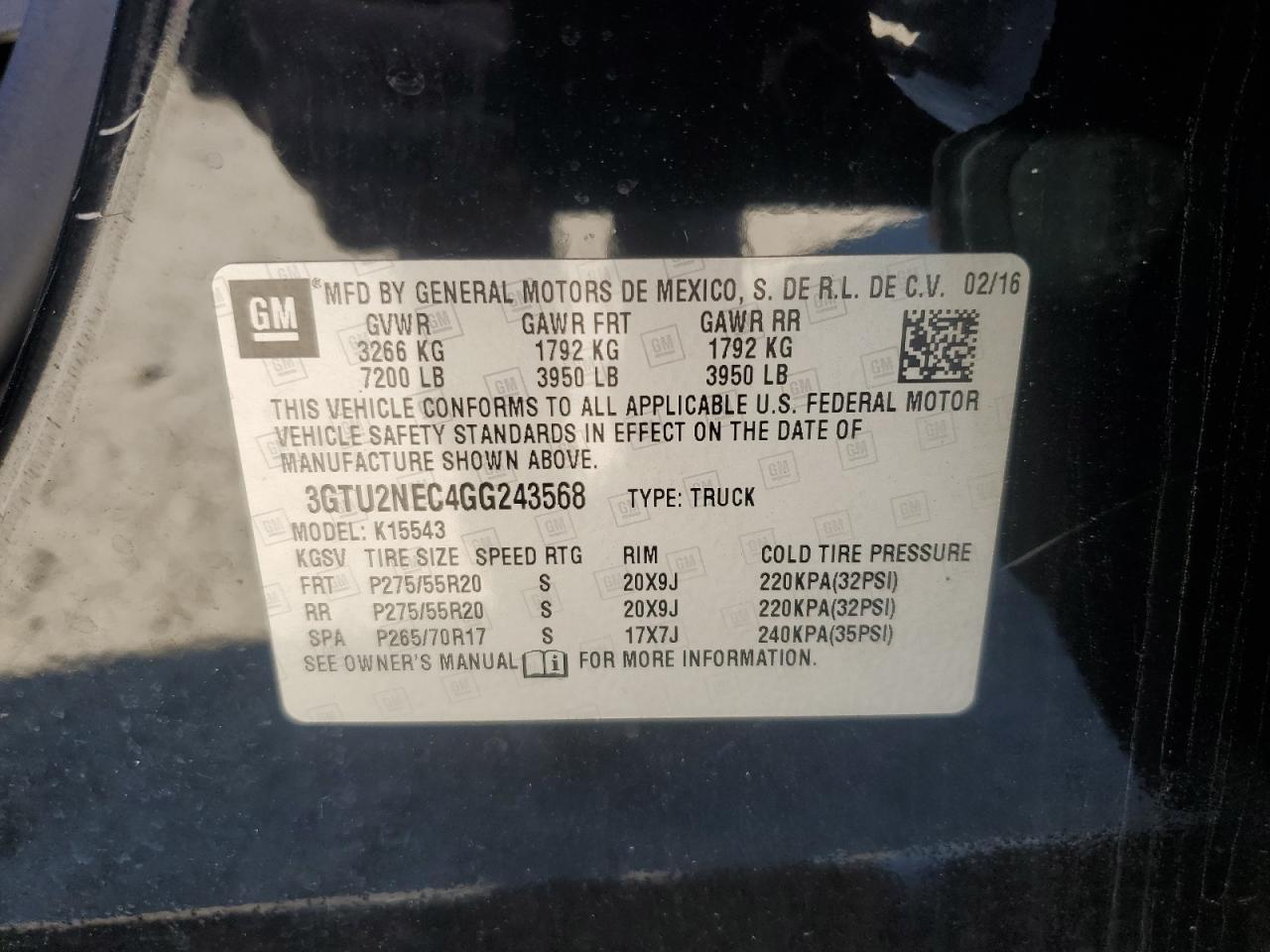 2016 GMC Sierra K1500 Slt VIN: 3GTU2NEC4GG243568 Lot: 92511715