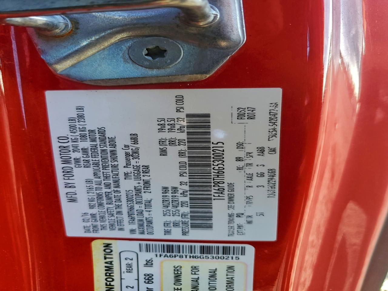 2016 Ford Mustang VIN: 1FA6P8TH6G5300215 Lot: 94268175