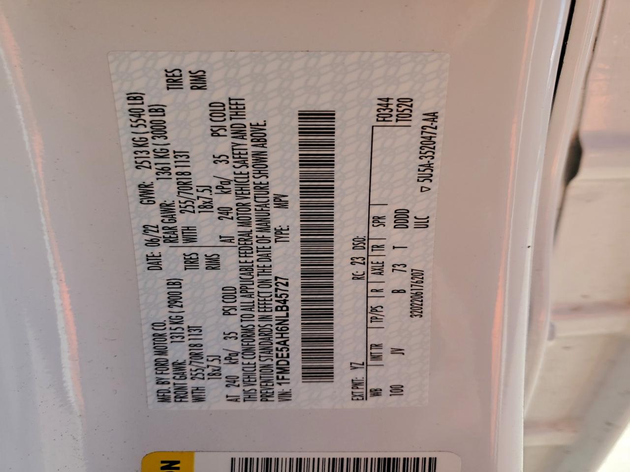 2022 Ford Bronco Base VIN: 1FMDE5AH6NLB45727 Lot: 91852165