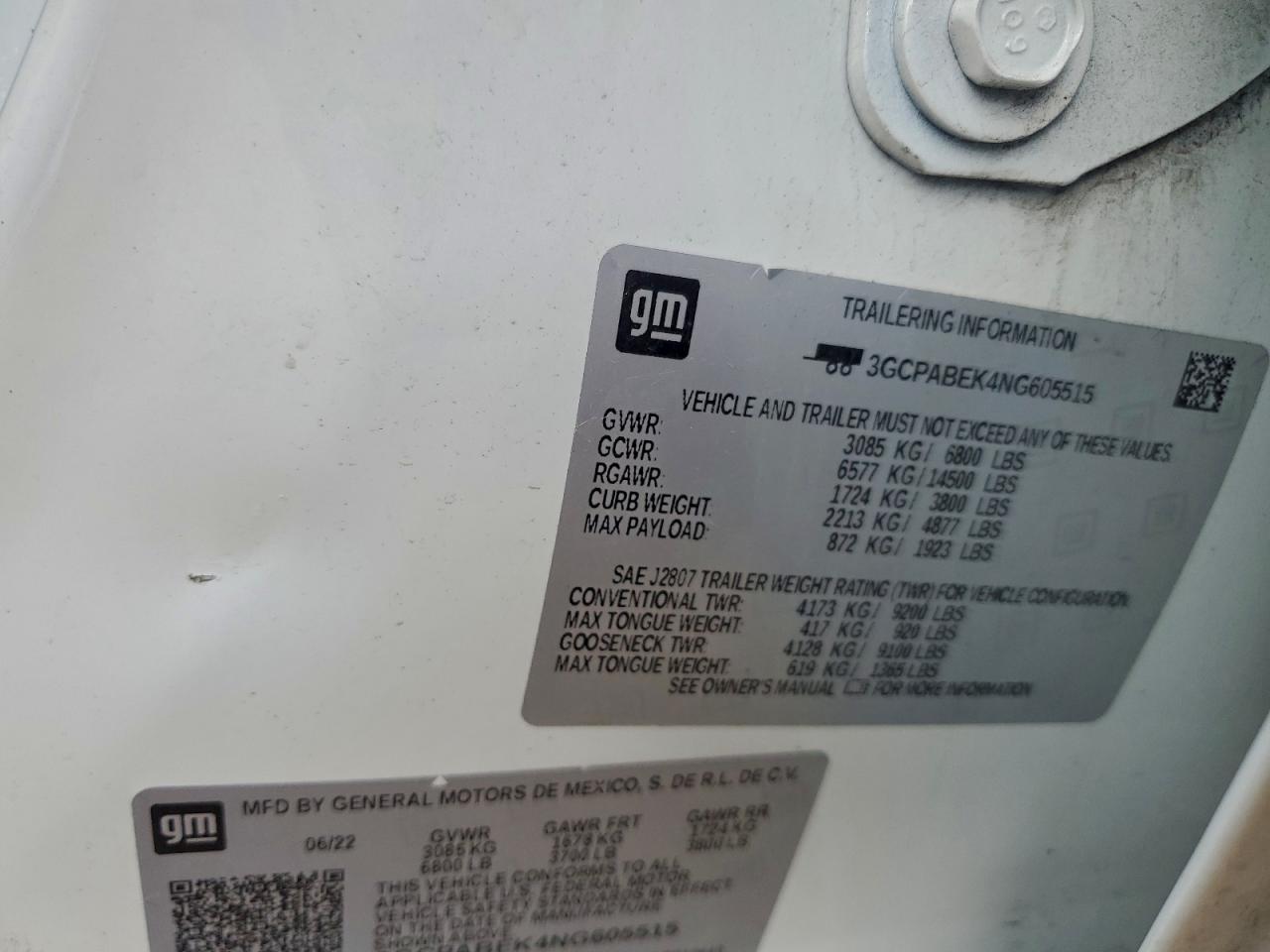 2022 Chevrolet Silverado C1500 Custom VIN: 3GCPABEK4NG605515 Lot: 93919385