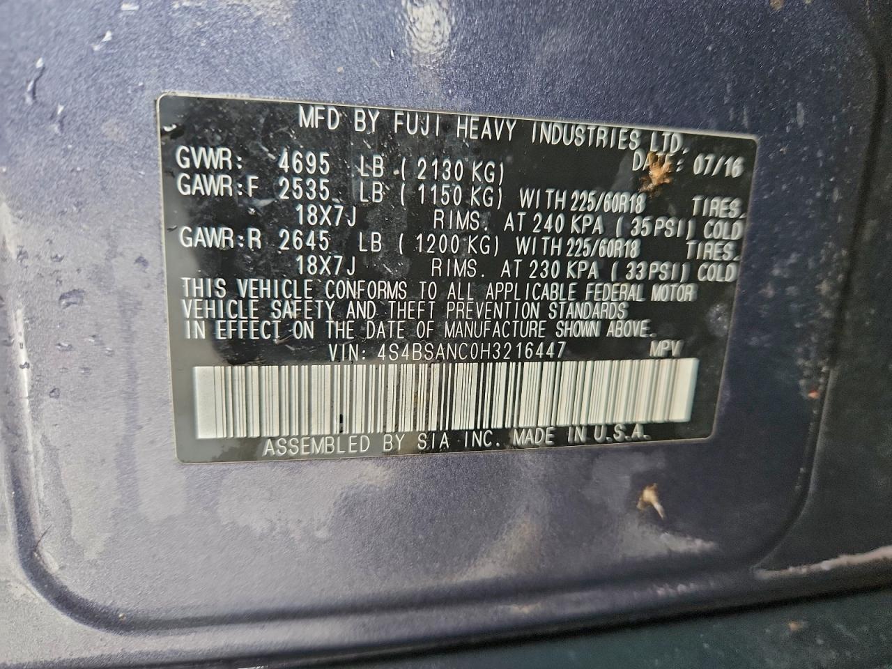 2017 Subaru Outback 2.5I Limited VIN: 4S4BSANC0H3216447 Lot: 93990895