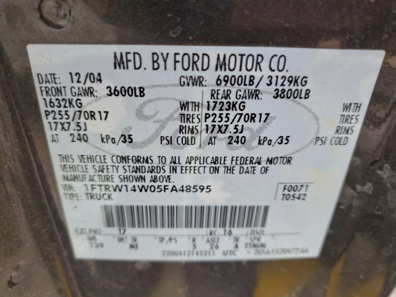 2005 Ford F150 Supercrew VIN: 1FTRW14W05FA48595 Lot: 94148975