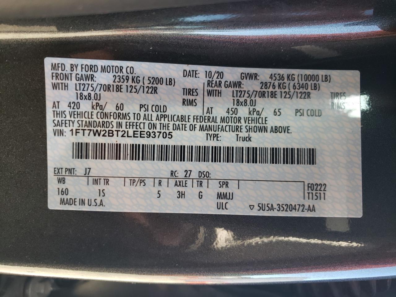 2020 Ford F250 Super Duty VIN: 1FT7W2BT2LEE93705 Lot: 92194645