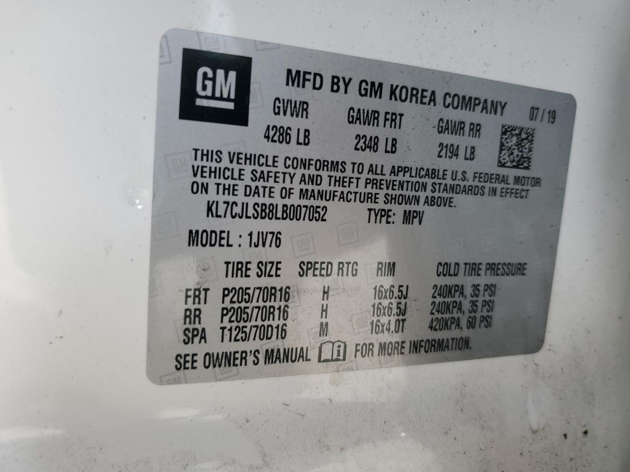 2020 Chevrolet Trax 1Lt VIN: KL7CJLSB8LB007052 Lot: 91974825