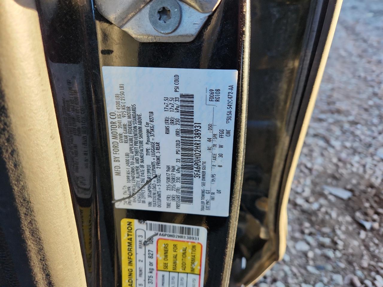 2017 Ford Fusion Se VIN: 3FA6P0HD2HR138931 Lot: 91353975