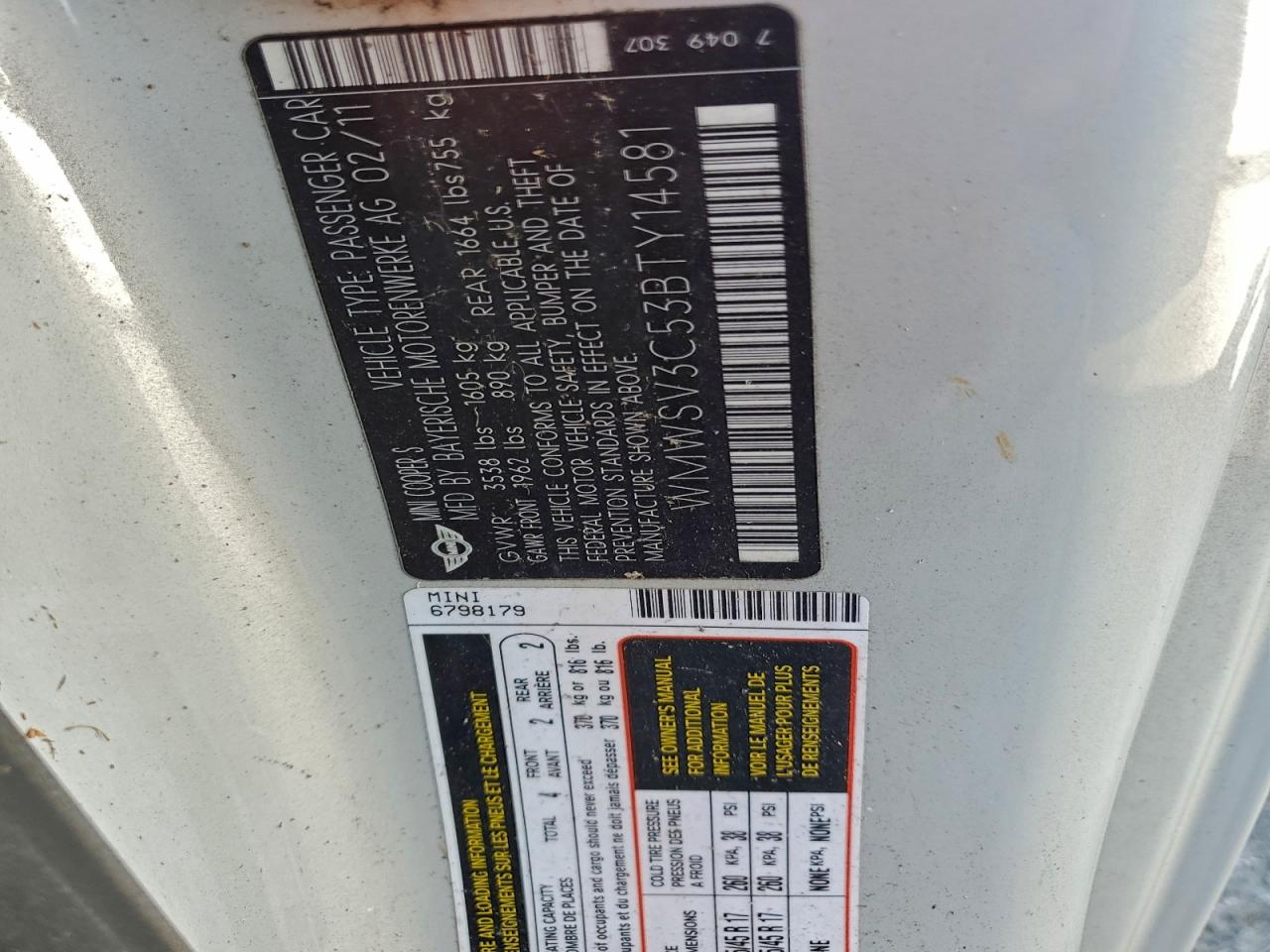 2011 Mini Cooper S VIN: WMWSV3C53BTY14581 Lot: 94709355