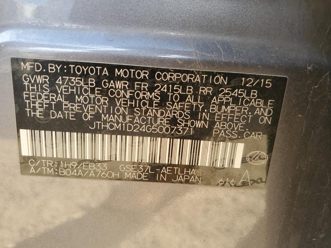 2016 Lexus Is 300 VIN: JTHCM1D24G5007371 Lot: 85391755