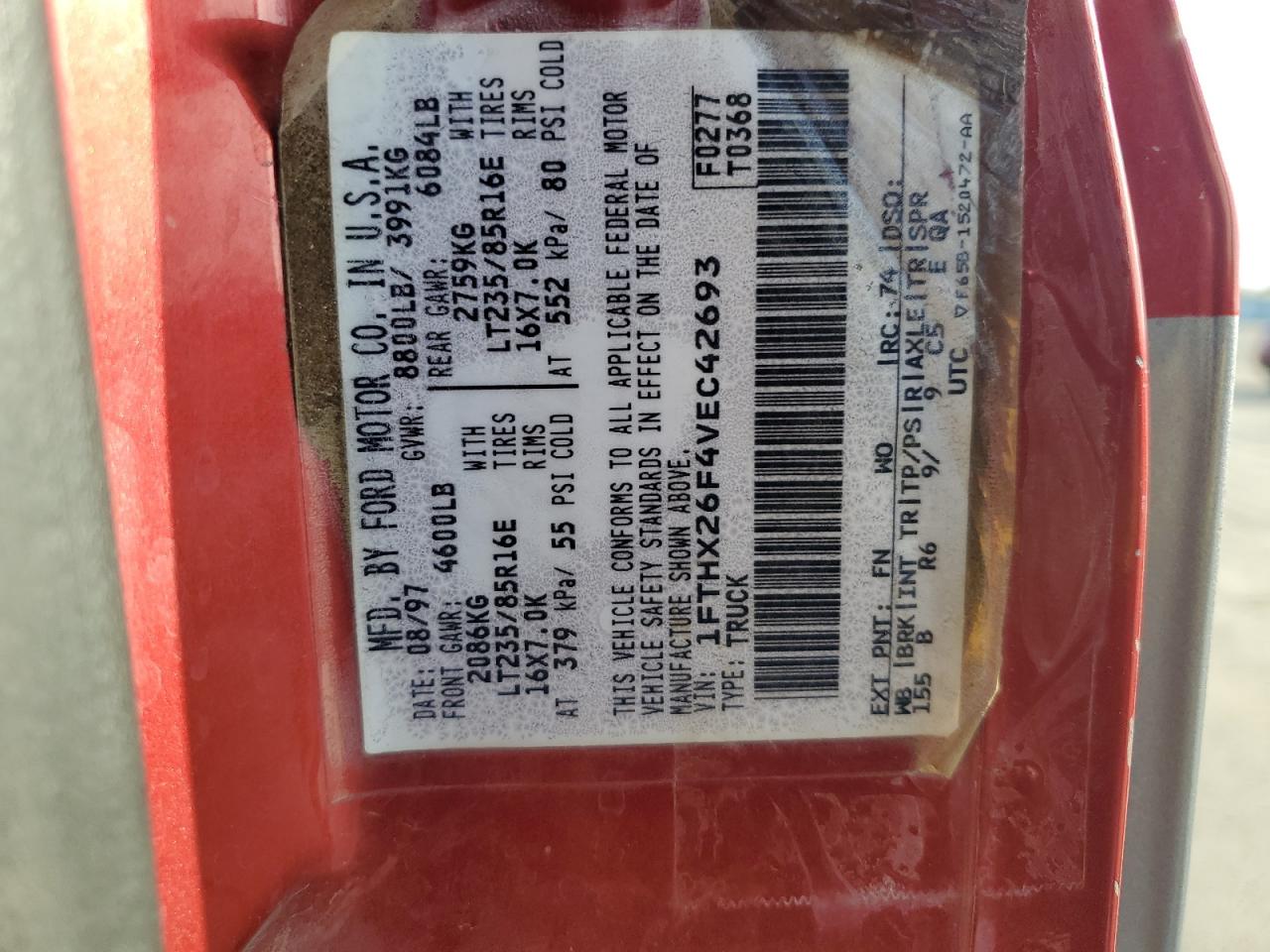 1997 Ford F250 VIN: 1FTHX26F4VEC42693 Lot: 92510325