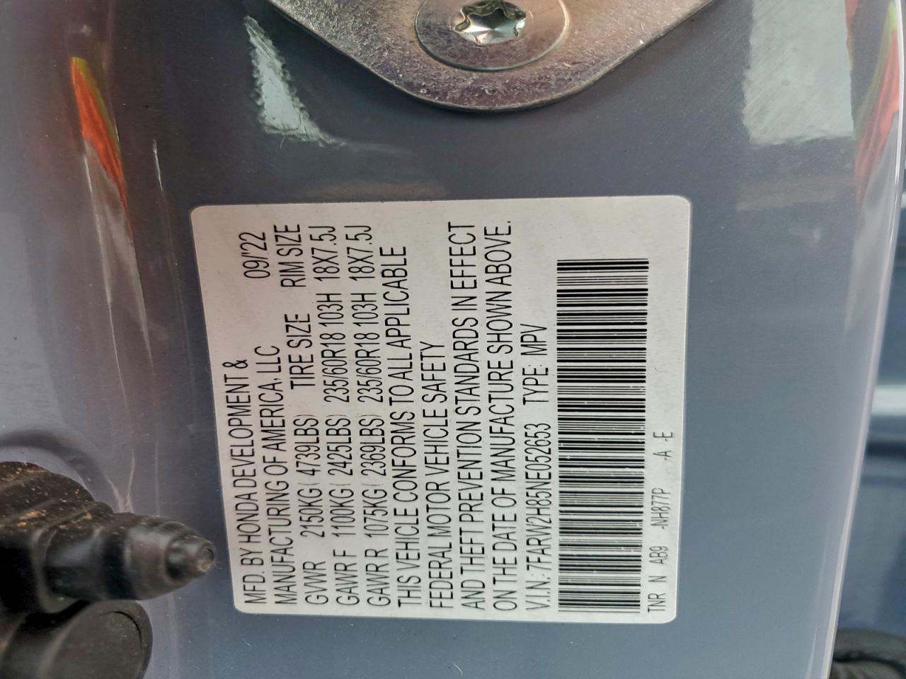 2022 Honda Cr-V Exl VIN: 7FARW2H85NE052653 Lot: 94286735