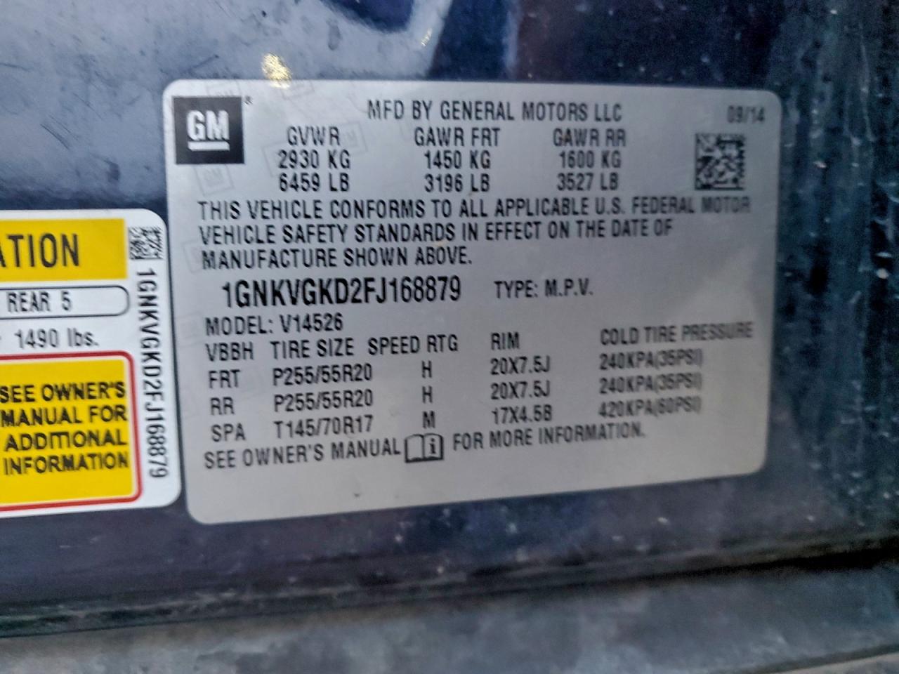 2015 Chevrolet Traverse Lt VIN: 1GNKVGKD2FJ168879 Lot: 93639635