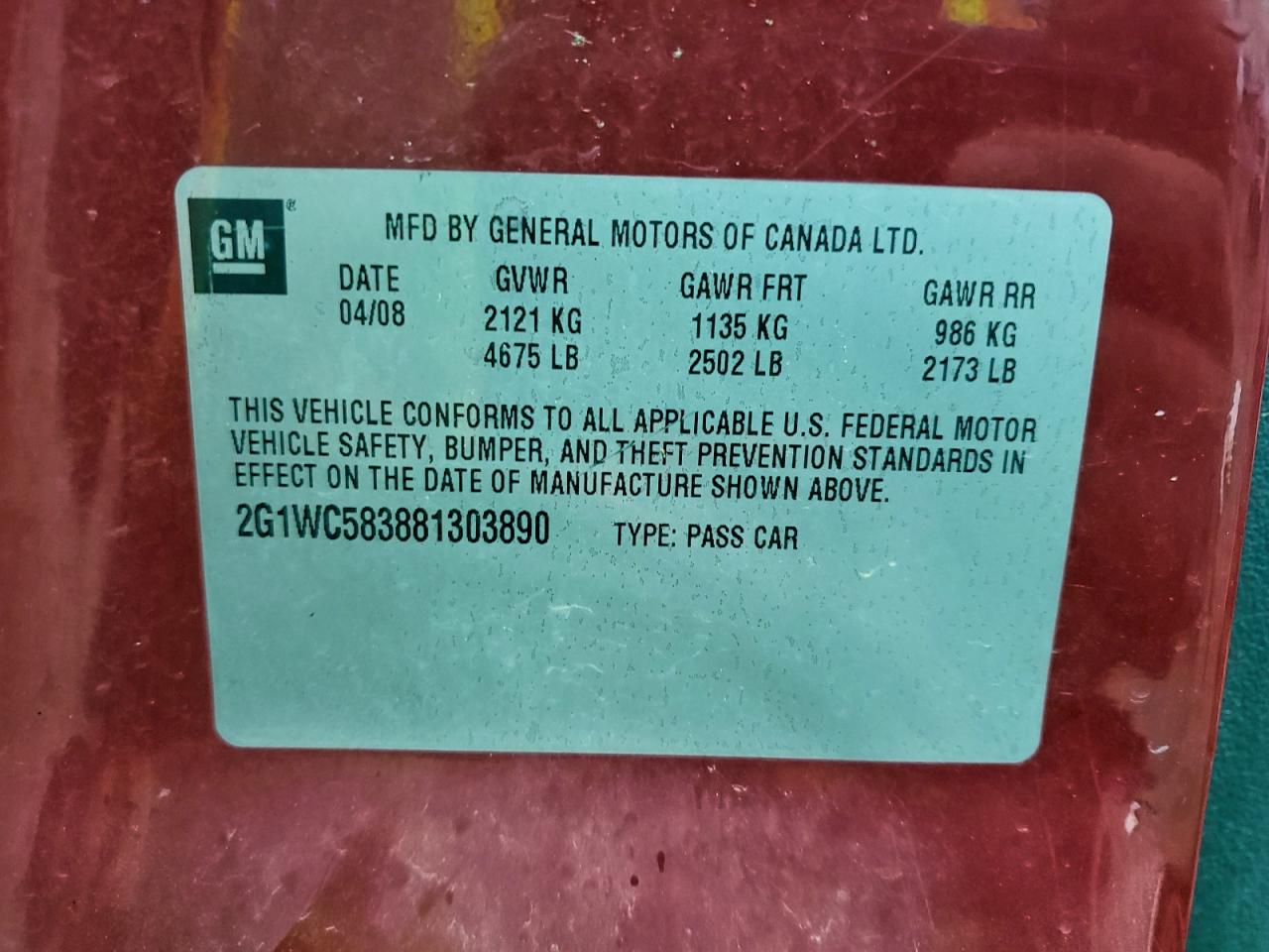 2008 Chevrolet Impala Lt VIN: 2G1WC583881303890 Lot: 94294375