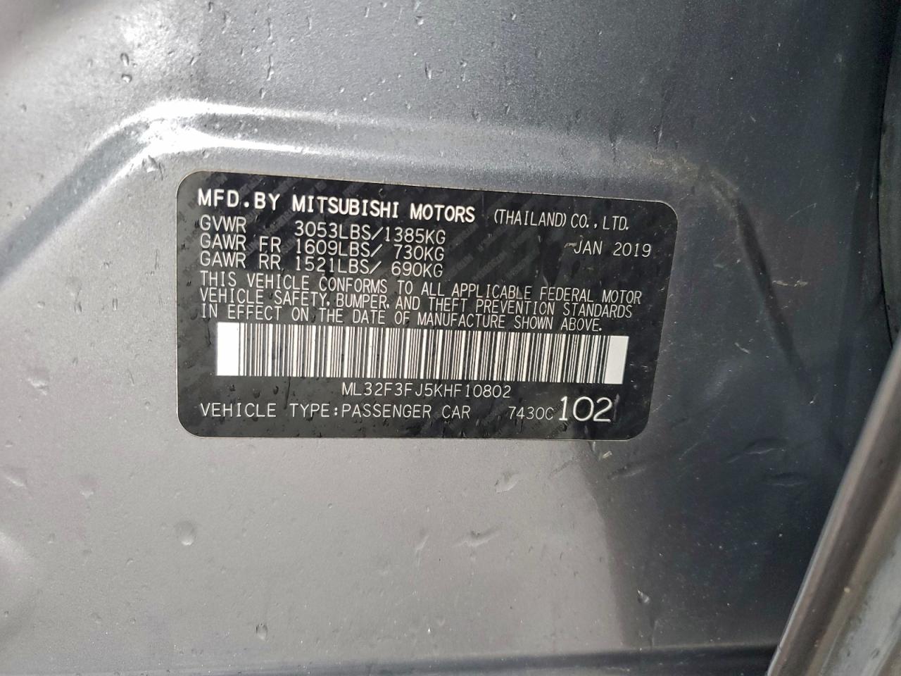 2019 Mitsubishi Mirage G4 Es VIN: ML32F3FJ5KHF10802 Lot: 93986585