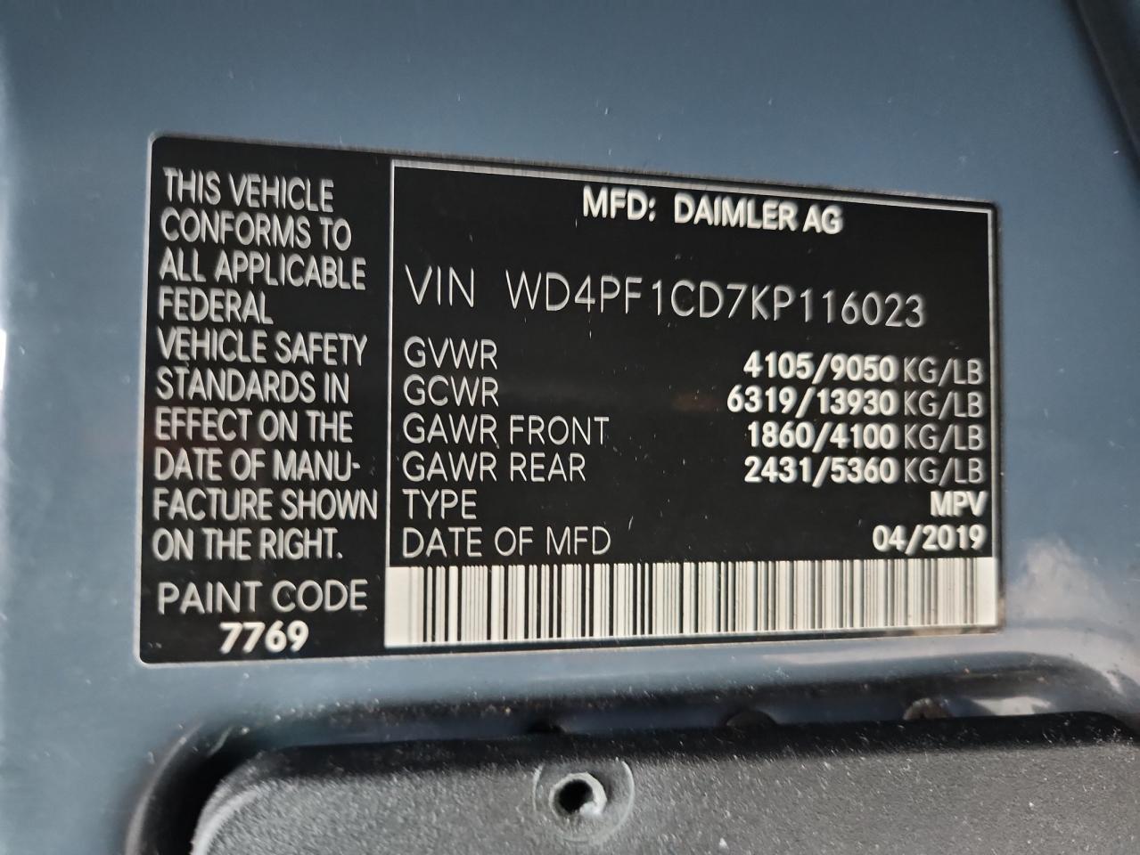 2019 Mercedes Benz Sprinter Delivery Van VIN: WD4PF1CD7KP116023 Lot: 93631425