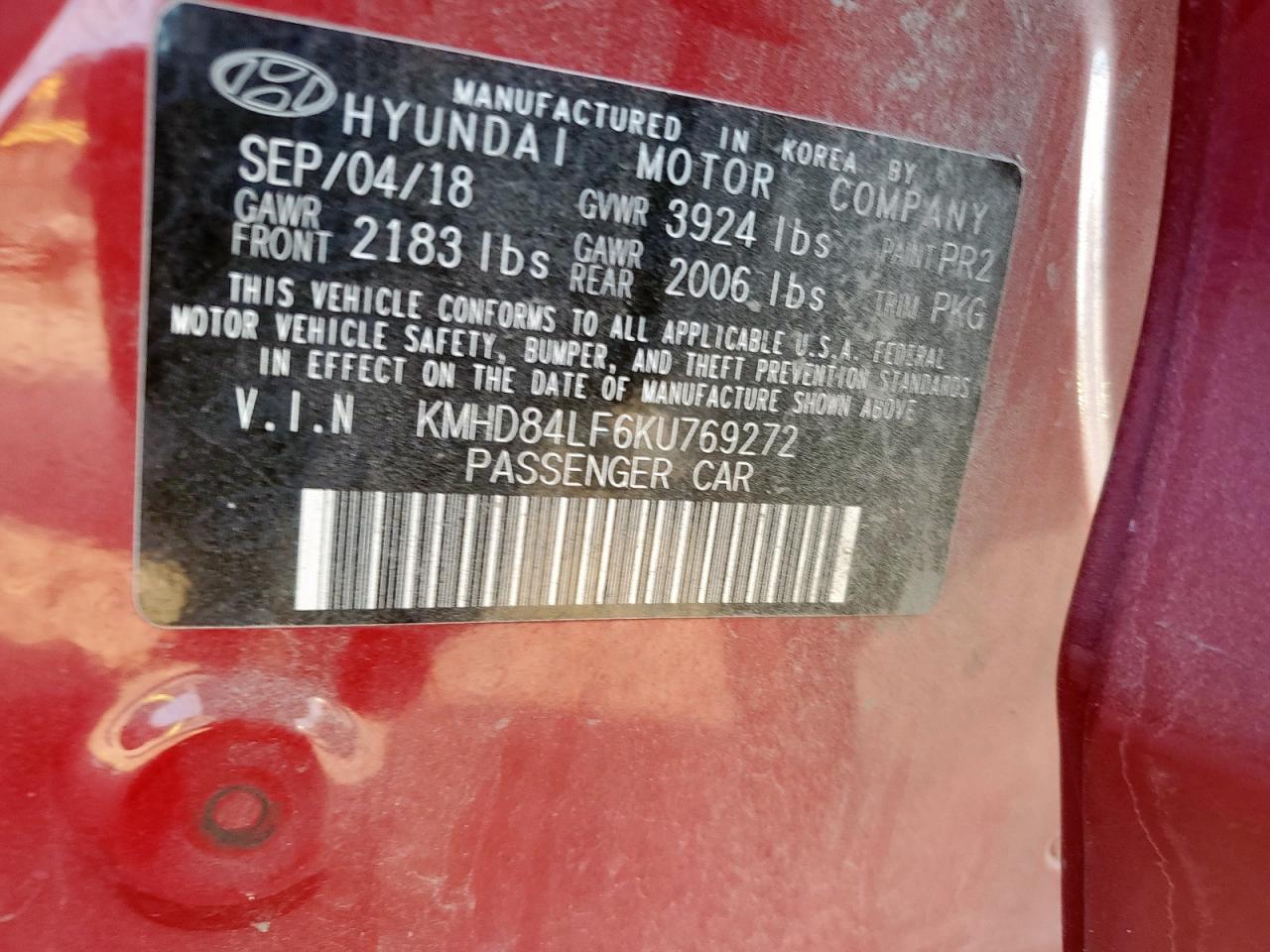 2019 Hyundai Elantra Sel VIN: KMHD84LF6KU769272 Lot: 93319985