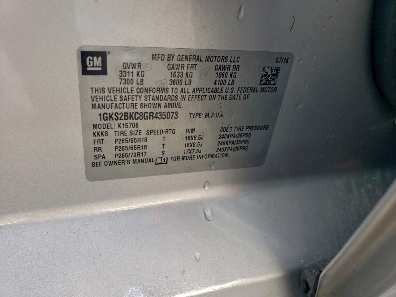 2016 GMC Yukon Slt VIN: 1GKS2BKC8GR435073 Lot: 93637245