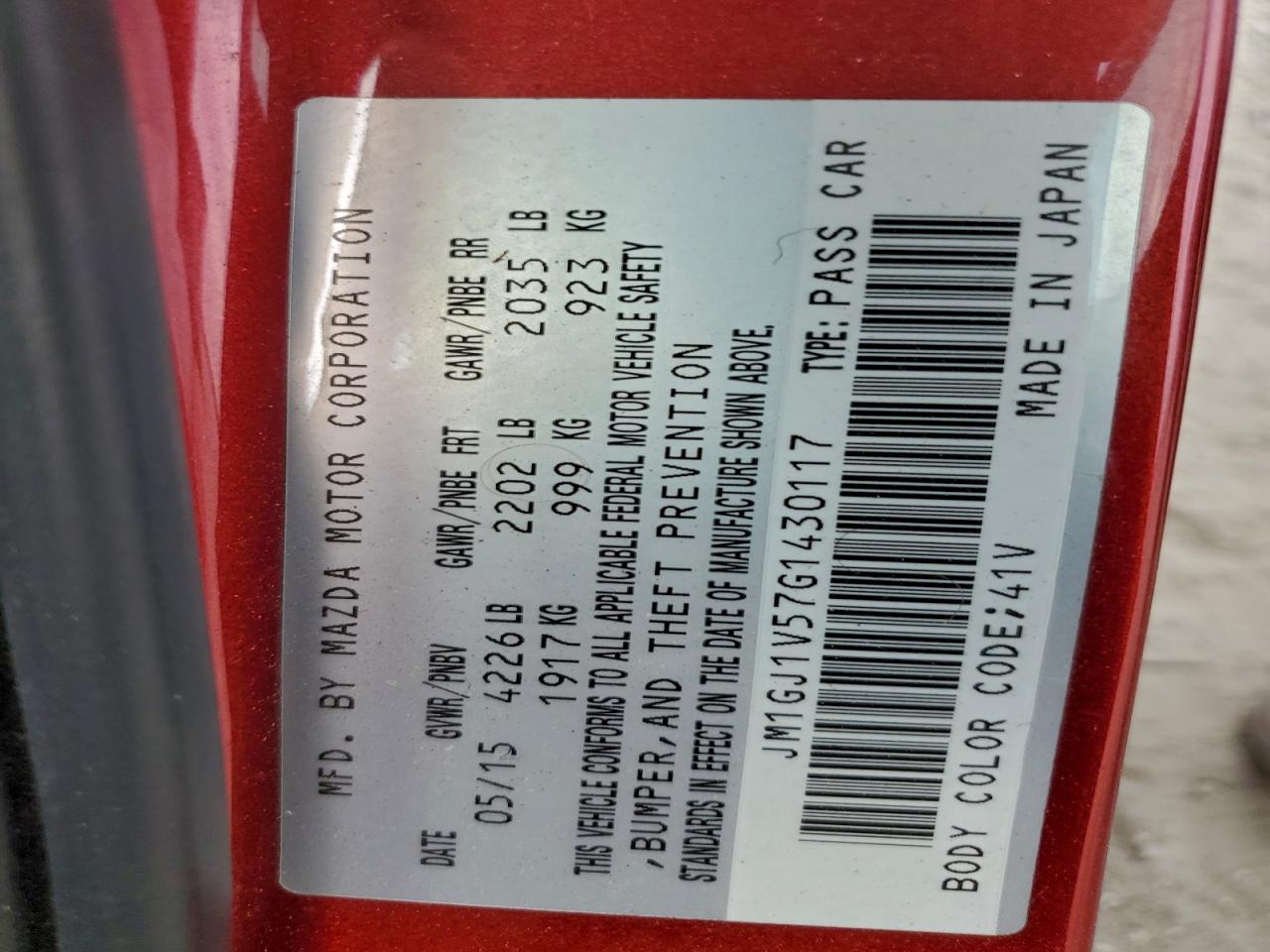 2016 Mazda 6 Touring VIN: JM1GJ1V57G1430117 Lot: 93510055