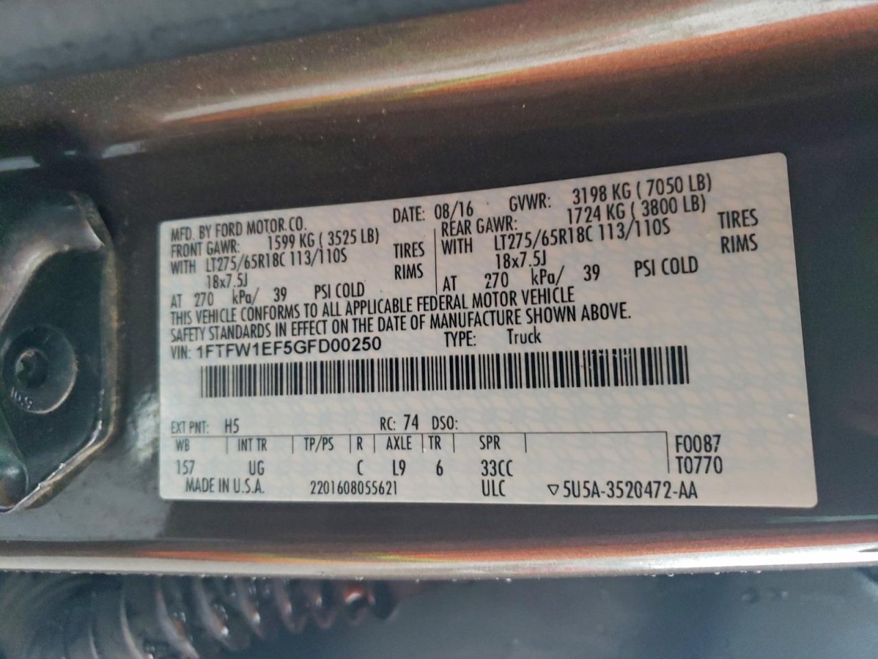 2016 Ford F150 Supercrew VIN: 1FTFW1EF5GFD00250 Lot: 93658425