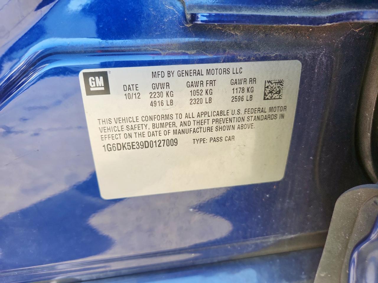 2013 Cadillac Cts Performance Collection VIN: 1G6DK5E39D0127009 Lot: 93296355