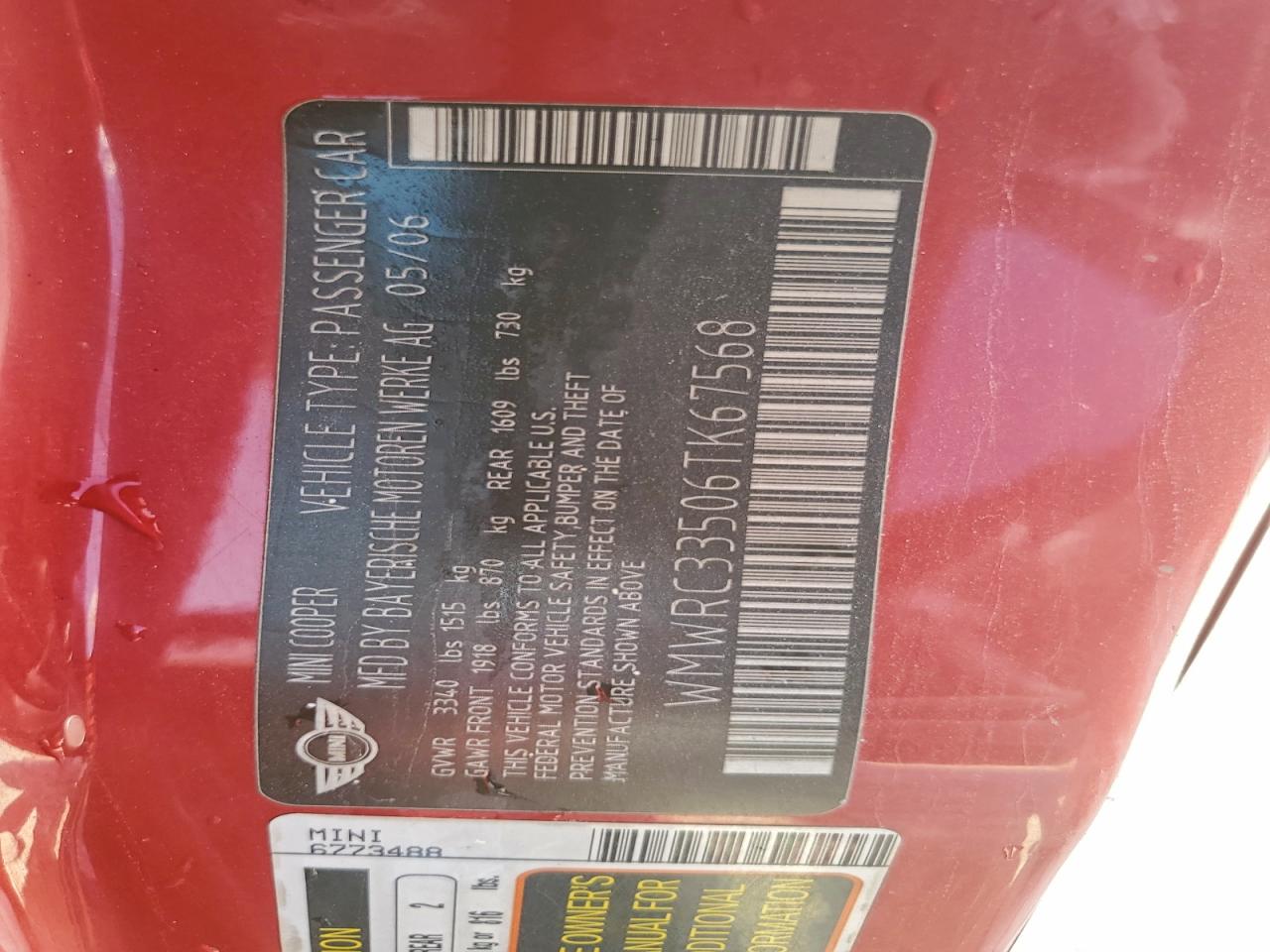 2006 Mini Cooper VIN: WMWRC33506TK67568 Lot: 93927315