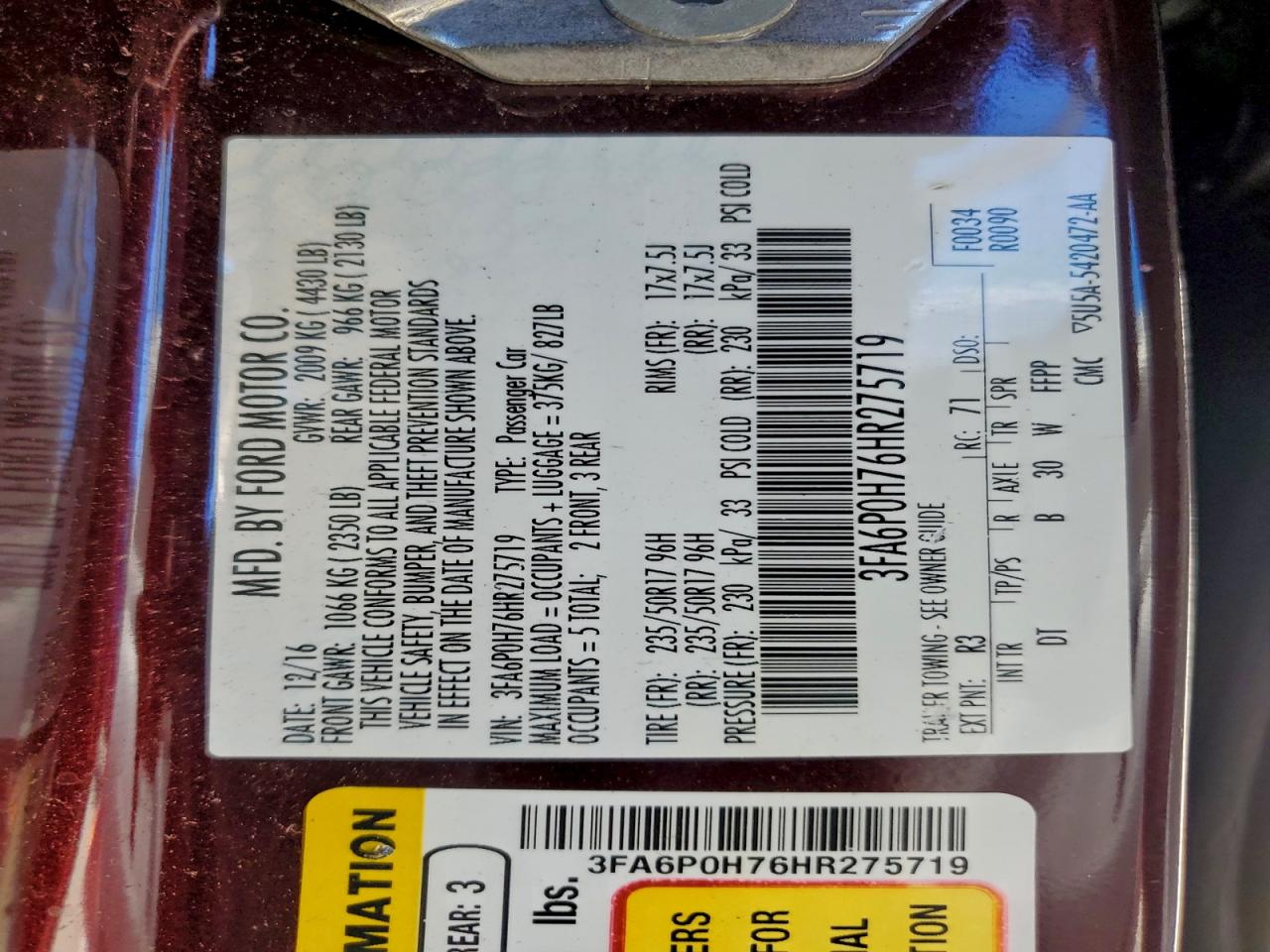 2017 Ford Fusion Se VIN: 3FA6P0H76HR275719 Lot: 93200255